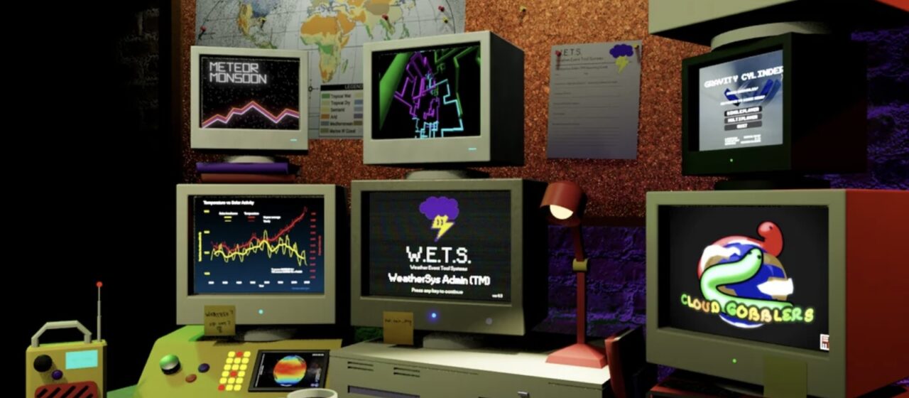 Six old fashioned computers with desktop screens showing early internet game aesthetics.