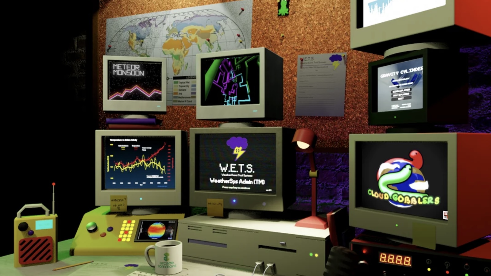 Six old fashioned computers with desktop screens showing early internet game aesthetics.